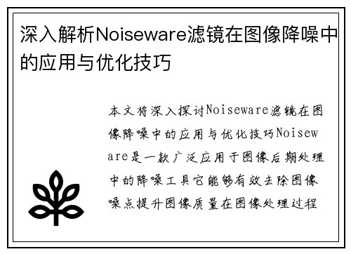 深入解析Noiseware滤镜在图像降噪中的应用与优化技巧 深入解析Noiseware滤镜在图像降噪中的应用与优化技巧